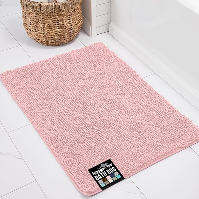 KANGAROO Bathroom Rugs, Chenille Soft Absorbent Bath Rug, Shaggy Shower Mat, Quick Dry Machine Wash Bathmat, Plush Carpet Mats for Tub, Bathtub and Room Home Decor Accessories, 30x20, Light Pink