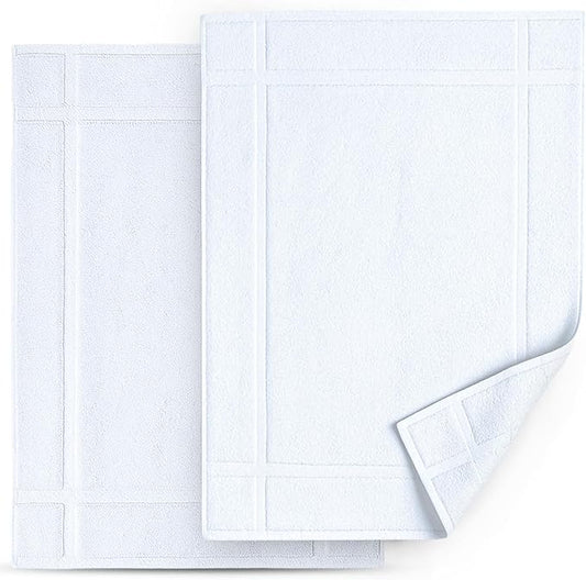 Pearl Linens Pack of 2 100% Cotton Bath Mat 18x25 inches, Soft & Absorbent Quick Dry Bathroom Mat Set, Not Bathroom Rugs, After Shower Mat, Bath Tub Mat, 687 GSM, Machine Washable, White