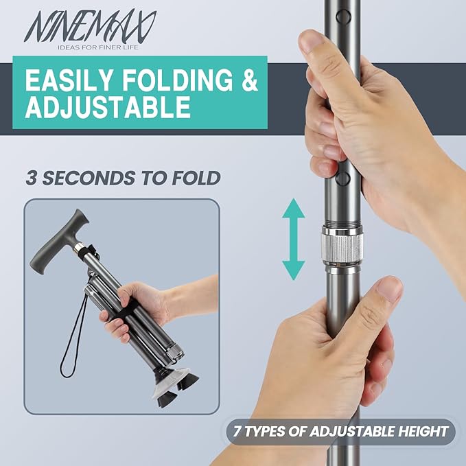NINEMAX Walking Cane for Men Women Seniors, Foldable Collapsible Adjustable Free Standing T Handle Walking Stick, Lightweight Sturdy Folding Cane Portable for Stable and Balance