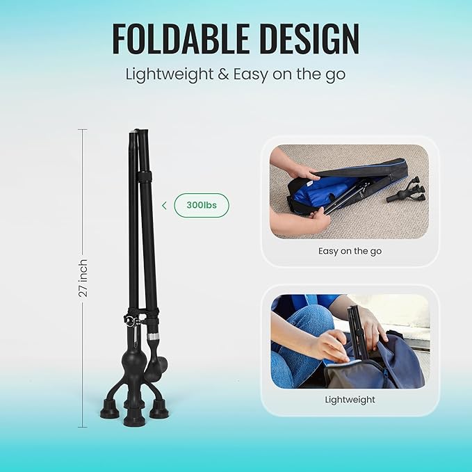 Careboda Foldable Walking Cane, Walking Cane with Adjustable Height, Folding Cane with T-Handle, Free Standing Cane for Seniors & Adults, Mobility and Daily Living Aids, Supports up to 300 lbs, Black