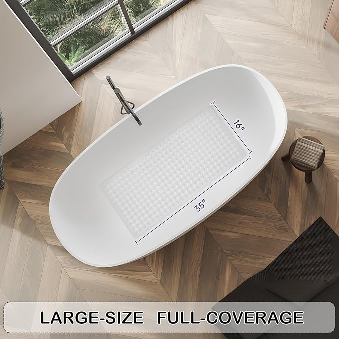 Linoows Non-Slip Bathtub and Shower Mats, Power Grip Bath Mat 35 x 16.3 Inch with Suction Cups and Drain Holes for Tub Bathroom Floor Safety, Machine Washable Soft Bathmat, Clear