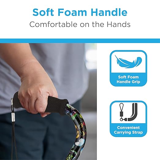 Nova Joy Designer Offset Quad Cane for Seniors - Unisex Adjustable Lightweight Walking Aid with Foam Handle, Wrist Strap and Anti-Rattle Lock - Essential Mobility Support - Butterfly