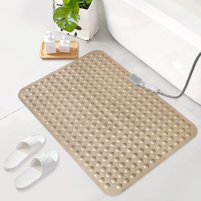 Shower Mat Non Slip: 35.4 x 23.6 Inch Extra Large TPE Shower Mats for Inside Shower - Anti Slip Shower Stall Matt with Drain Hole and Suction Cups for Elderly
