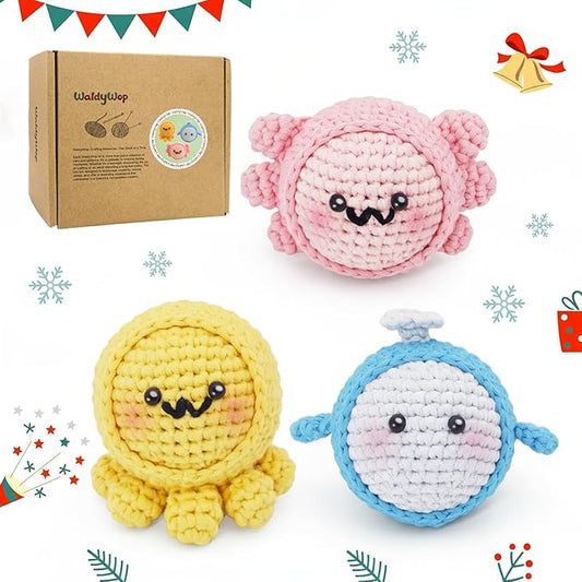 WaldyWop Crochet Kit for Beginners: 3PCS Crochet Animal Kits w/Stress Balls, Step-by-Step Video Tutorials - Wobbles DIY Craft Kit for Adults Kids - Gifts for Girls & Women (Dolphin, Octopus, Axolotl)