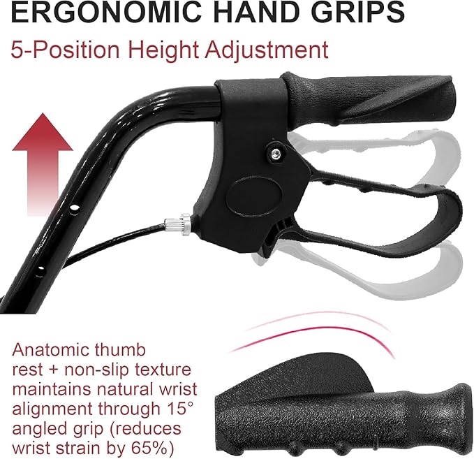 Lightweight Foldable Rollator Walkers with Seat for Seniors, 350 lb Capacity, 5-Position Adjustable Height, Premium Hybrid Rolling Walker - Aluminum and Carbon Steel (Red)