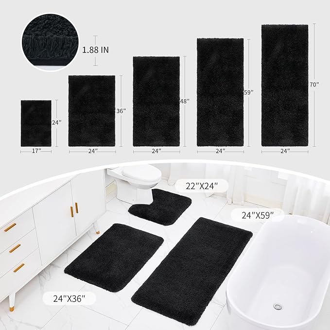 Small Bathroom Rug 17x24 Non Slip Black Fluffy Bath Mat for Bathroom Floor Washable Plush Luxury Bath Rug for Tub Soft Shaggy Shower Mat