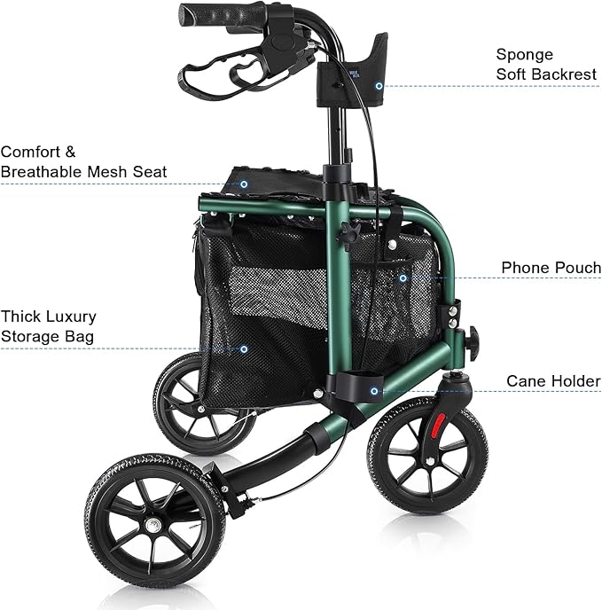 WALK MATE 3 Wheel Rollator Walker with Seat for Slim Seniors, Padded Backrest Lightweight Foldable Walker Ideal for Elderly, 8 Inch Tri-Wheel Modern Mobility Walking Aid Aluminum, Green