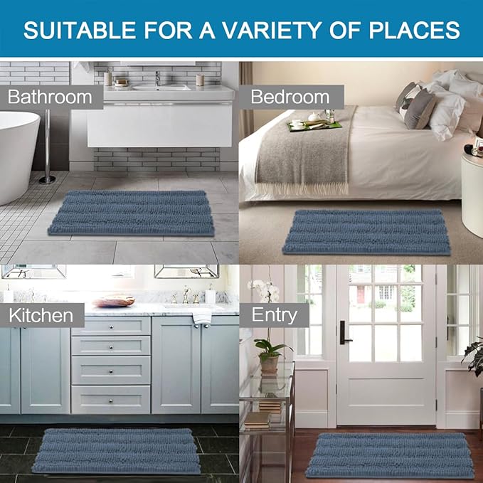 H.VERSAILTEX Bath Mats for Bathroom Non Slip Thick Chenille Striped Bath Rug Absorbent Fluffy Soft Shaggy Rugs Washable Dry Fast Plush Mats for Indoor, Bath Room, Tub - 24" x 36", Blue Indigo