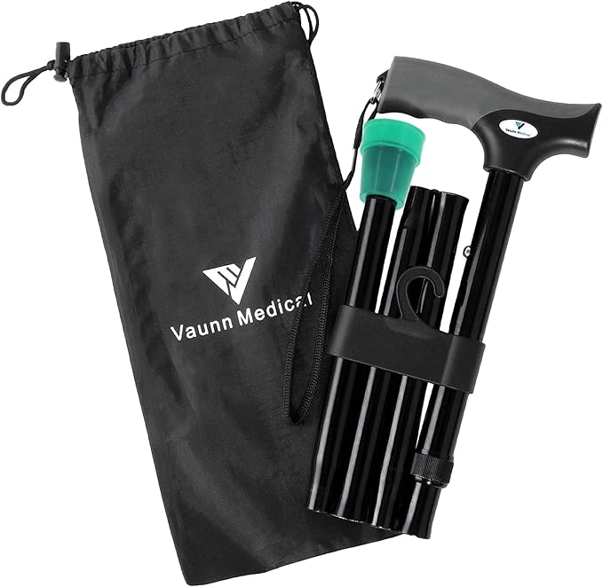 FSA/HSA Eligible, Vaunn Medical Easy Grip Height Adjustable Folding Cane/Walking Stick with Strap/Pouch- Compact, Portable, and Safe Walking Assistant- Non-Slip Grip Handle- Men, Women, Elderly