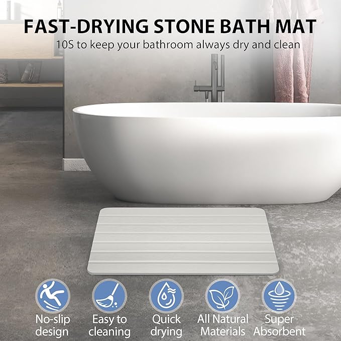 Absorbent Stone Bath Mat, Diatomaceous Earth Shower Mats, Non-Slip Water Absorbing Diatomite Stone Mat for Bathroom Floor, Quick-Drying Easy to Clean