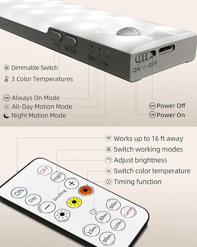 EZVALO 6-Pack Under Cabinet Lighting with Charging Station, 2000mAh Rechargeable Wireless Motion Sensor Lights, 3 Color Temps, Dimmable, Timer, Magnetic, with Remote Control for Kitchen, Closet, Stair