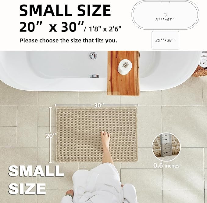 Pale Beige Bathroom Rug, Waffle Bath Mat Non Slip Washable Super Absorbent Quick Dry Boho Farmhouse Bathroom Decor, 30''x20'' / 1'8" x 2'6" Pale Beige