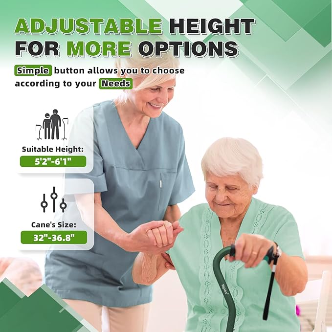 BigAlex Quad Cane, Foldable Adjustable Walking Cane for Men & Women with Stable 4-Pronged Base for Extra Stability & Balance, Heavy Duty, Lightweight, Soft Offset Handle Stick for Seniors & Elderly