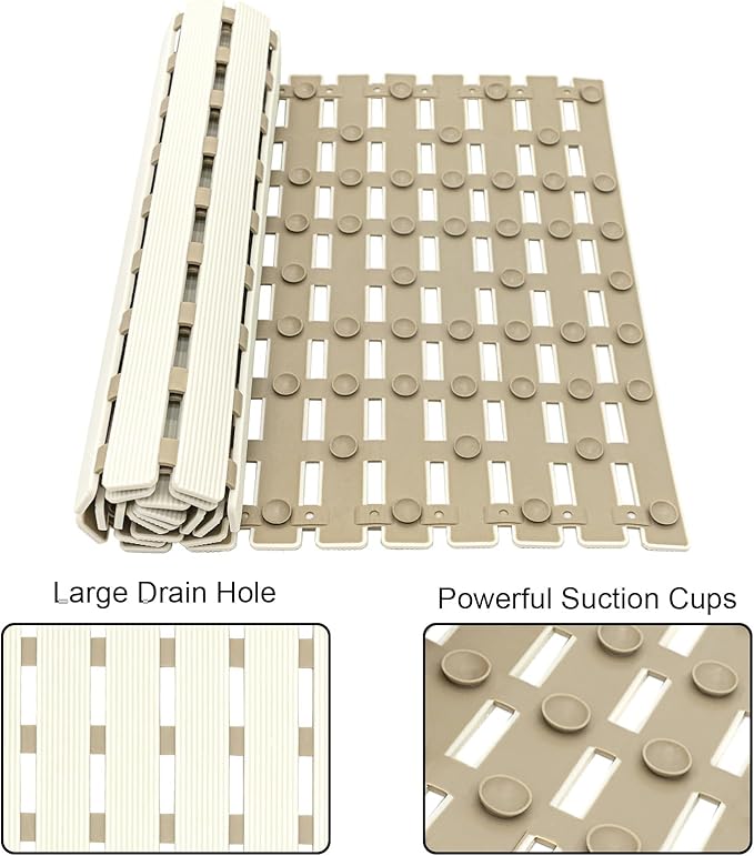 MBOSS Bath Tub Shower Mat Non Slip Bathtub Mats for Bathroom Shower Floor Mat Bath Mats for Shower Tub Anti Slip Shower Mat with Drain Hole and Large Suction Cups (Ivory White, 37.5 X 15.7 Inch)