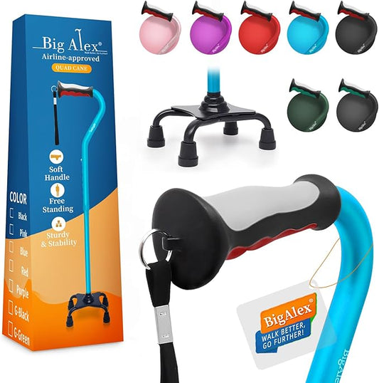 BigAlex Quad Cane, Foldable Adjustable Walking Cane for Men & Women with Stable 4-Pronged Base for Extra Stability & Balance, Heavy Duty, Lightweight, Soft Offset Handle Stick for Seniors & Elderly