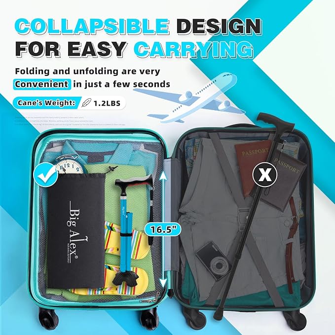 BigAlex Lightweight Collapsible Walking Cane with Soft Comfortable TPR Handle for Seniors and Elderly Adults, Larger Handle for Comfort, Adjustable Support Stick, Portable Travel Aid for Men & Women