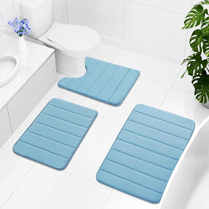 Buganda Memory Foam U-Shaped Contour Toilet Rugs, Non Slip Absorbent, Thick Soft Washable Bathroom Mat, Floor Carpet Bath Rugs Mat for Toilet Base (20" x 20", Blue)