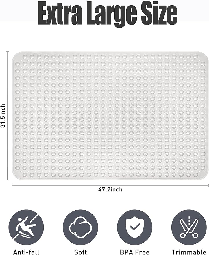 Extra Large Shower Mat, Yonala 47.2 x 31.5 Inch Non Slip Shower Mats for Inside Shower with Drain Hole and Suction Cups, Soft Trimmable TPE Anti Slip Shower Mat for Walk in Shower Stall, Heavy Mat