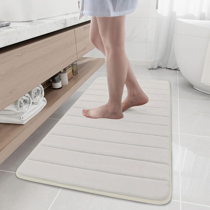 Buganda Memory Foam Bath Mat, 47" x 20", Ultra Soft and Non-Slip Bathroom Rugs, Water Absorbent and Machine Washable Bath Rug Runner for Bathroom, Shower, and Tub, Cream