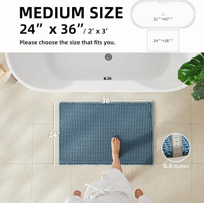 Waffle Bath Mat, Boho Bathroom Rugs Non Slip Washable Super Absorbent Quick Dry Bath Mat Farmhouse Bathroom Decor, 36"x24" Denim Blue