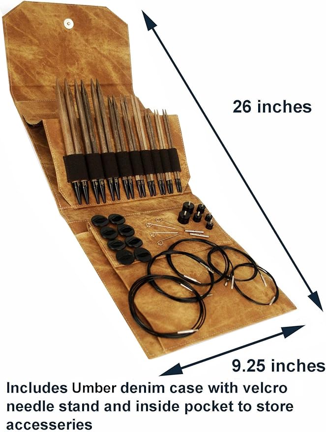 Lykke Umber 5.5, 6.5 & 7.5 Inch Long Interchangeable Knitting Needles Birch Wood US Sizes US Sizes 7, 8, 9, 10, 10.5, 11, 13, 15, 17 with 5 Cords, connectors, Keys, Umber Denim Case, Project Bag