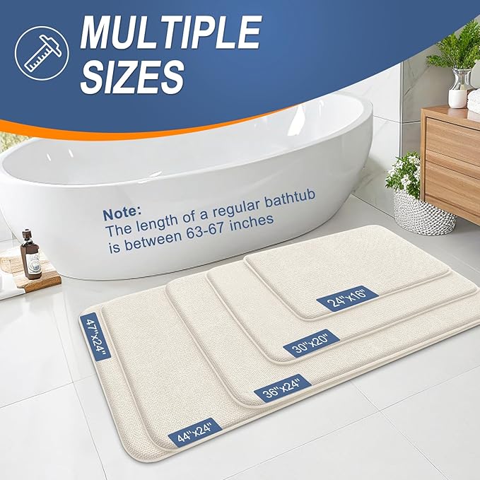 OLANLY Thick Memory Foam Bath Mat Rug 59x20, Extra Soft Absorbent Bathroom Rug, Quick Dry Bath Mats, Non-Slip, Machine Washable Carpet for Bathroom, Tub and Shower, Home Decor Accessories, Ivory