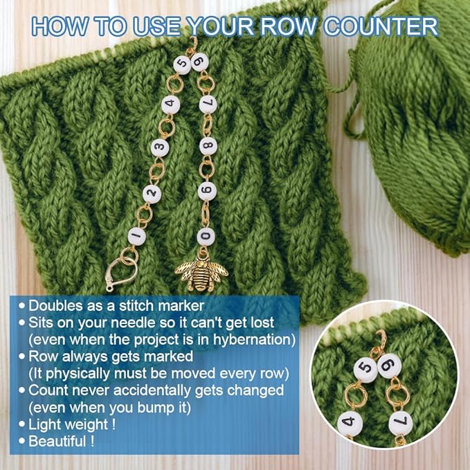 NBEADS 2 Pcs 2 Styles Bees Charm Knitting Row Counter Chains, 0~9 Number Stitch Markers Acrylic Beads Crochet Stitch Marker Charms for Knitting Weaving Sewing Quilting Handmade Jewelry