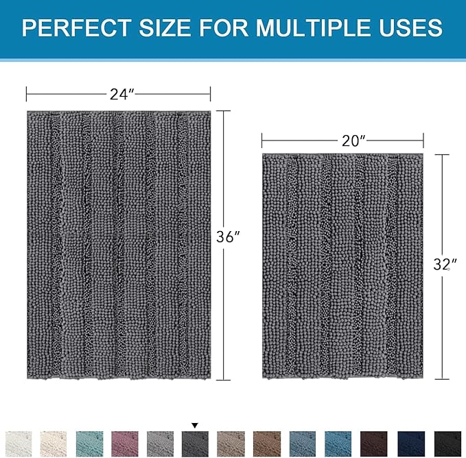 H.VERSAILTEX 2 Piece Bathroom Set - Super Absorbent Chenille Striped Bath Mats, Non Skid, Machine Washable - Grey, 24 x 36 Plus 20 x 32 Inches