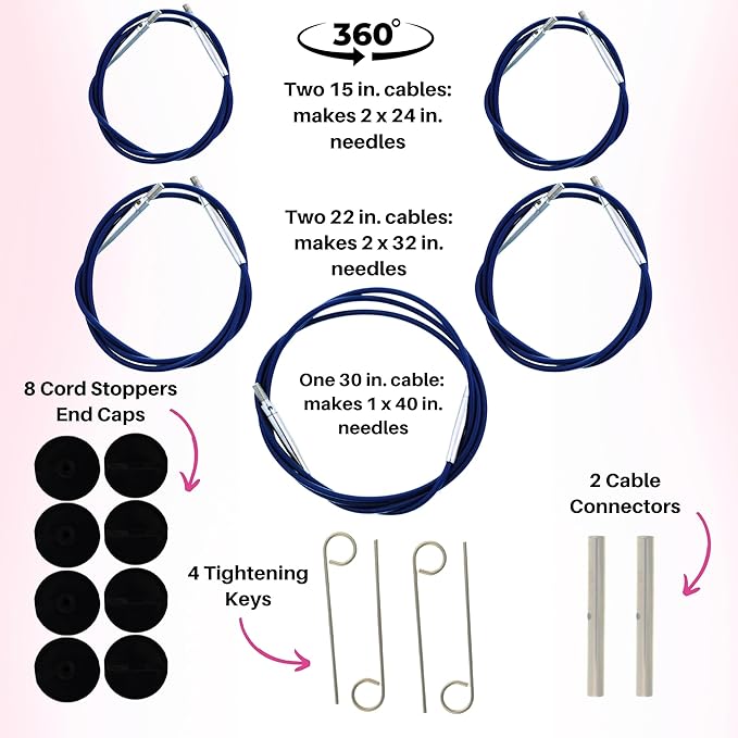 Lykke Indigo 5 in. Complete Set US Sizes 4, 5, 6, 7, 8, 9, 10, 10.5, 11, 13, 15, 17 Interchangeable Circ. Knitting Needles for DK, Worsted, Chunky Yarns, Birch, 5 Cords, Violet DM Case, Project Bag