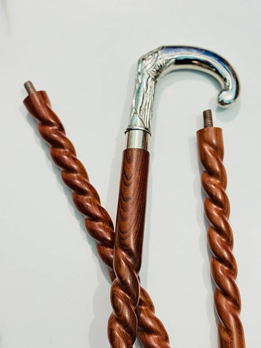 Silver Handle Wooden Walking Cane for Men & Women, Vintage Walking Stick, Twisted Wood Cane, Halloween Costume Prop, Victorian Gentlemen Cane, Antique Brass Walking Stick Gift