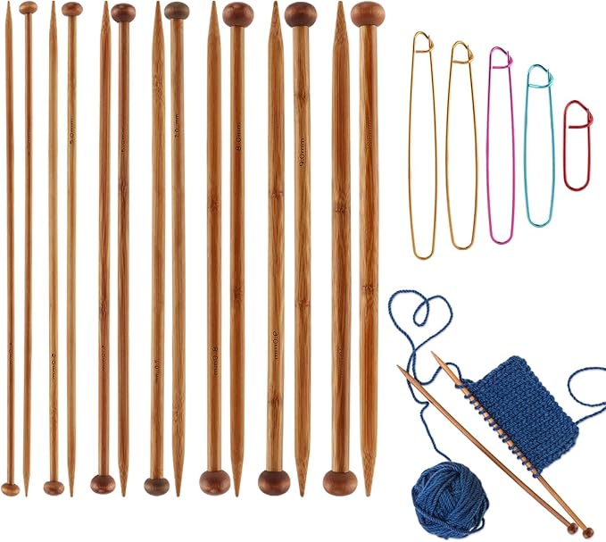 7 Pairs Bamboo Knitting Needles Set & 5PCS Safety Pin Brooch Weaving Sweater Knitting Tool,Long Wooden Single Point Straight Needles, for Beginners for Making Sweater,Shawl,Scarf