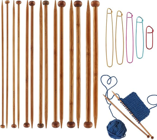 7 Pairs Bamboo Knitting Needles Set & 5PCS Safety Pin Brooch Weaving Sweater Knitting Tool,Long Wooden Single Point Straight Needles, for Beginners for Making Sweater,Shawl,Scarf