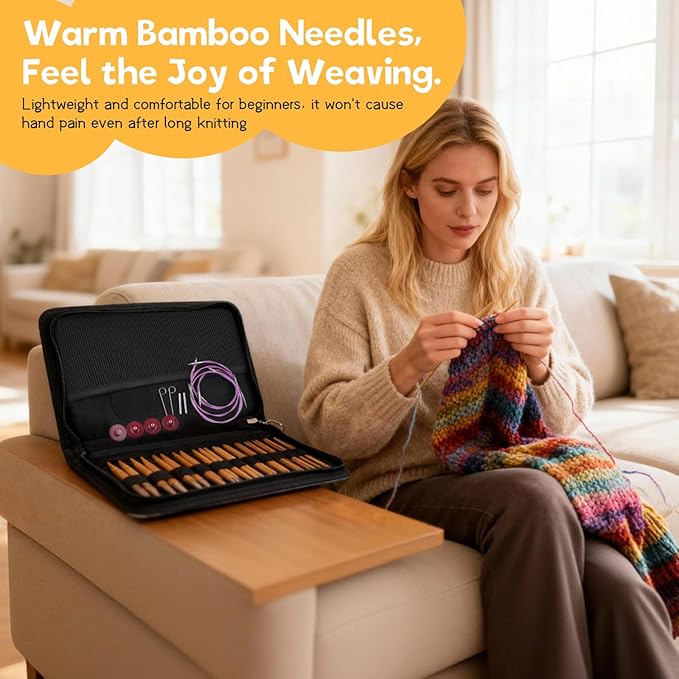 Weabetfu Knitting Needles Set with Bamboo Circular Knitting Needle 13 Pair Interchangeable Knitting Needles and Cables, Accessories and Case Perfect for Beginner, DIY Crafts