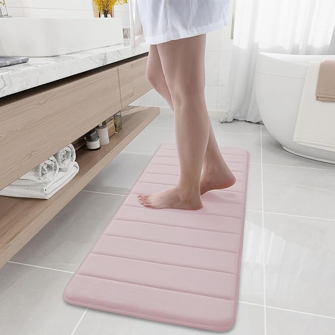 Buganda Memory Foam Bath Mat, 47" x 17", Ultra Soft and Non-Slip Bathroom Rugs, Water Absorbent and Machine Washable Bath Rug Runner for Bathroom, Shower, and Tub, Peach