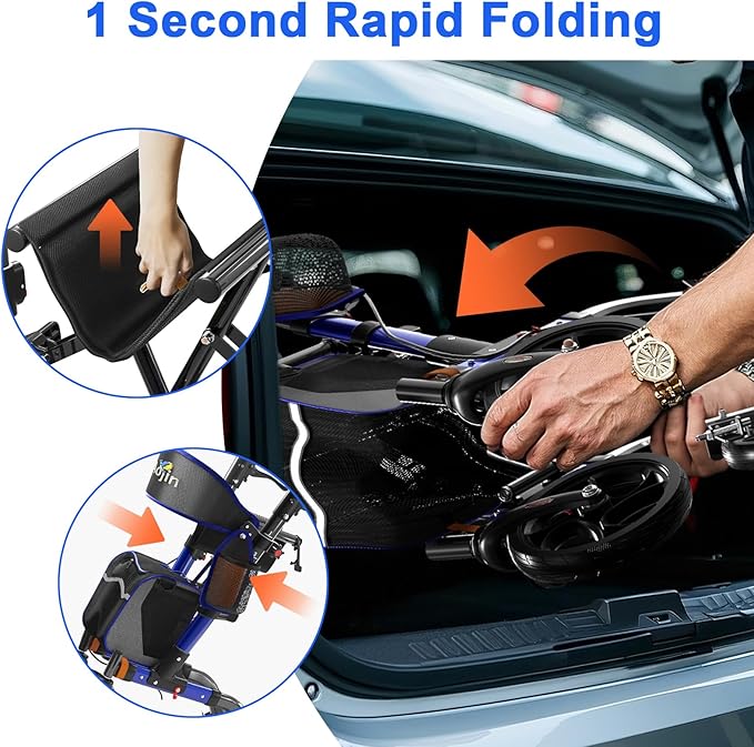 Walkers for Seniors, Rollator Walker with Seat, 350 lb Weight Capacity, 18" Big Seat, 8" All-Terrain Wheels, 6-Level Adjustable Height, Lightweight Aluminum Frame Rollator Walkers for Seniors (Blue)