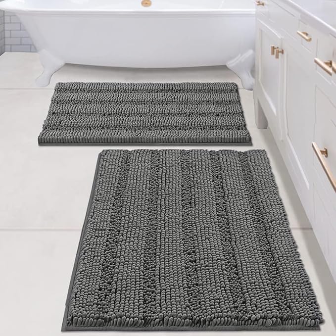 H.VERSAILTEX 2 Piece Bathroom Set - Super Absorbent Chenille Striped Bath Mats, Non Skid, Machine Washable - Grey, 24 x 36 Plus 20 x 32 Inches
