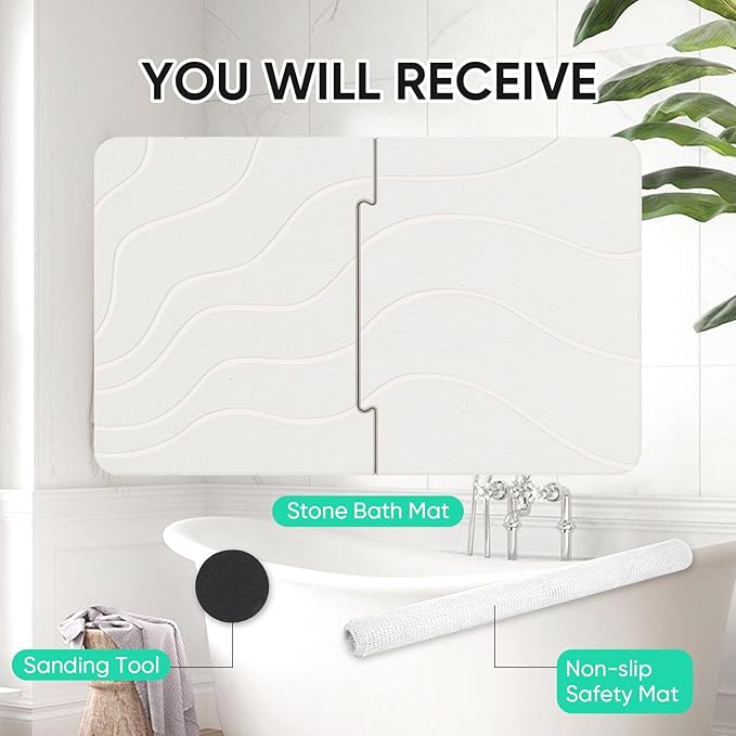 32 * 20 Stone Bath Mat Large Diatomaceous Earth Non-Slip Stone Shower Mat,Diatomite Bath Mat for Bathroom Floor -Natural, Easy to Clean White