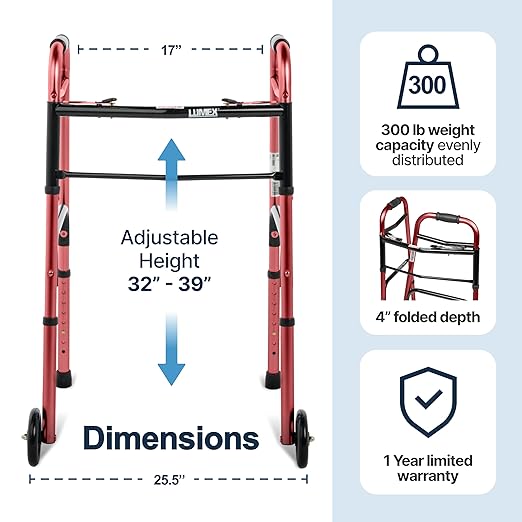 Lumex ColorSelect Walker, Lightweight & Folding 2-Wheel Walker for Adults & Seniors, Red