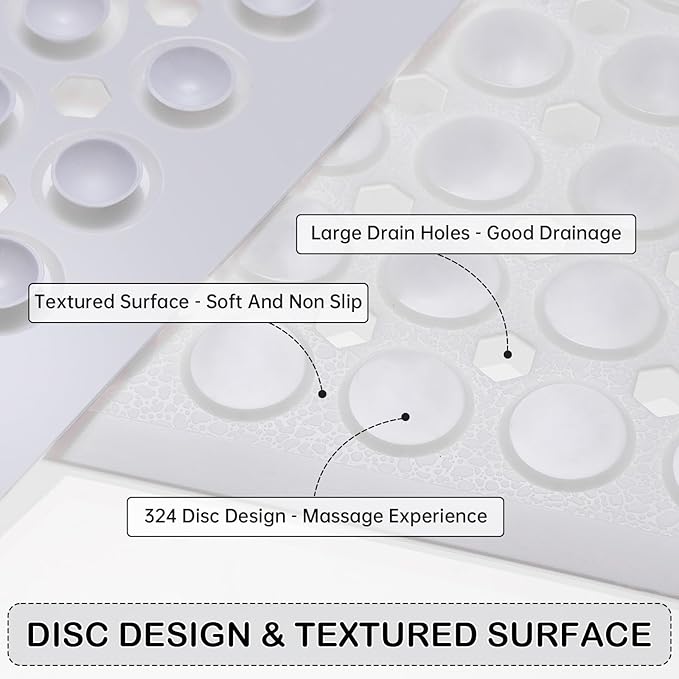 Linoows Non-Slip Bathtub and Shower Mats, Power Grip Bath Mat 35 x 16.3 Inch with Suction Cups and Drain Holes for Tub Bathroom Floor Safety, Machine Washable Soft Bathmat, White