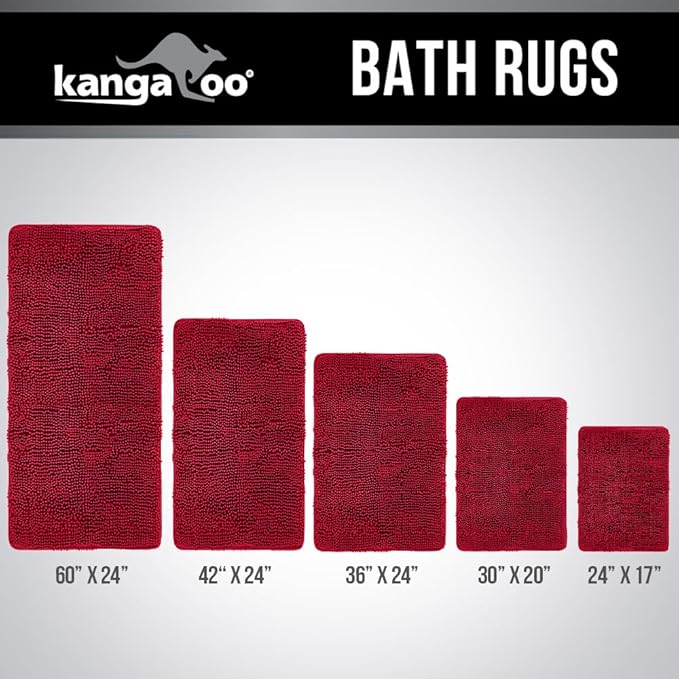 KANGAROO Bathroom Rugs, Chenille Soft Absorbent Bath Rug, Shaggy Shower Mat, Quick Dry Machine Wash Bathmat, Plush Carpet Mats for Tub, Bathtub and Room Home Decor Accessories, 30x20, Red