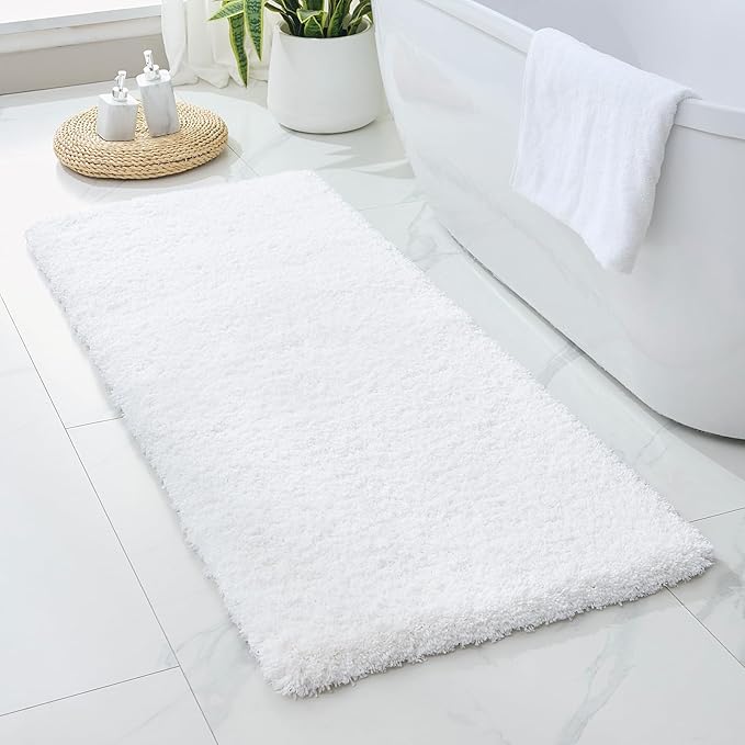 White Bathroom Runner Rug 24x59 Non Slip Fluffy Long Bath Mat for Bathroom Floor Washable Plush Luxury Bath Rug for Tub Absorbent Shower Sink Mat Bedside Rug