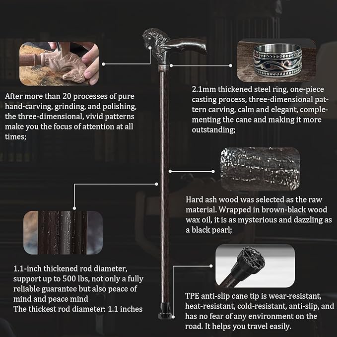 Wood Walking Cane, Elegant Hand-Carved Horse Head Wooden Walking Cane for Men and Women, Handmade Stylish Canes for Seniors, Light Stable High-end Canes Suitable for Gift Giving