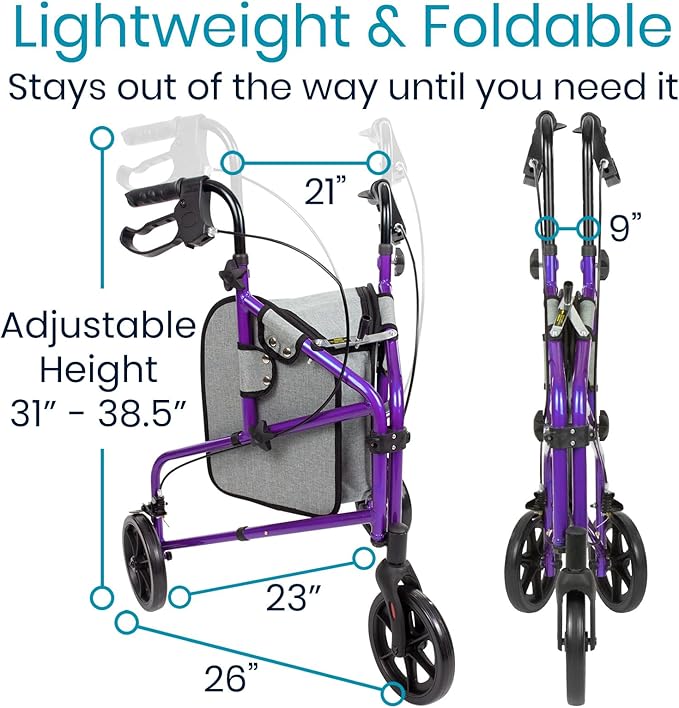 Vive Mobility 3 Wheel Walker - Three Wheeled Rollator for Seniors - Lightweight, Foldable, Narrow, Heavy Duty - for Elderly Men Women - Folding 3-Wheel Tri Scooter with Basket Bag