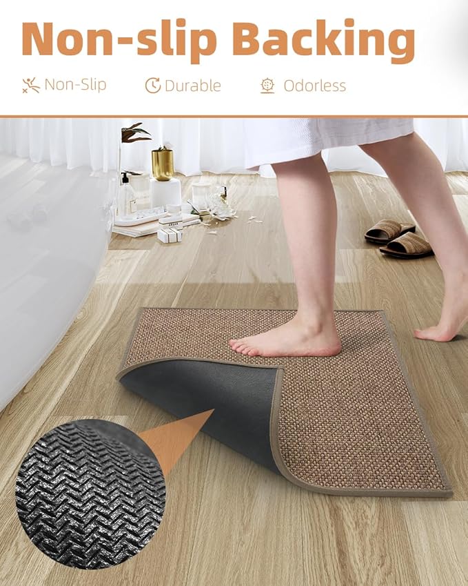 PADOOR Non-Slip Bath-Mats, Rubber-Backing Braided Absorbent Bathroom Mat Machine Washable Thin Bathroom Rugs Fit Under Door Quick Dry Bath Rugs for Floor, 17''x24'' Brown