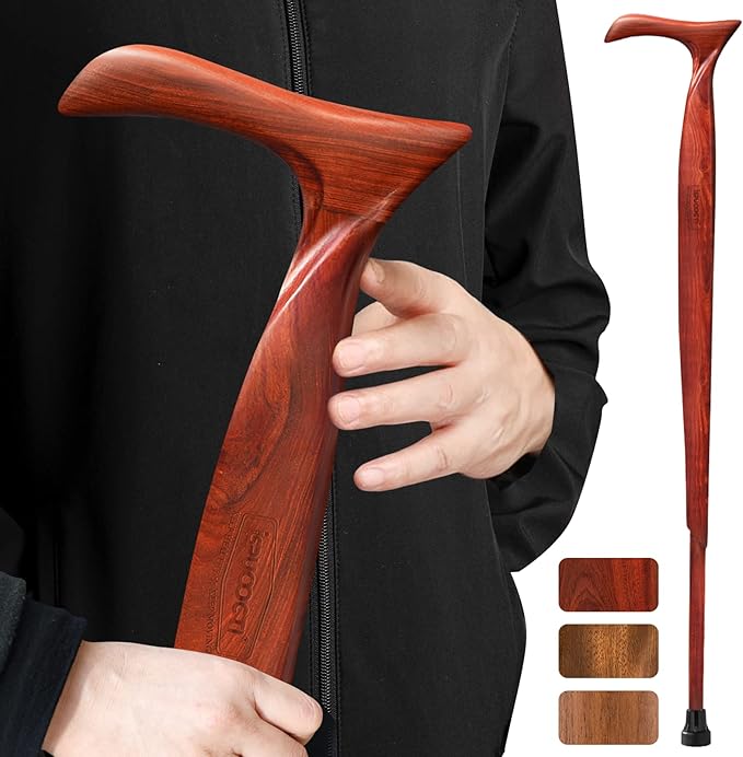 Wooden Walking Cane for Men and Women -Natural Solid Wood, 3 Rubber Tips, Heavy Duty, with Travel Bag- Wooden Walking Stick, Ergonomic Canes for Seniors Unisex Walking Canes