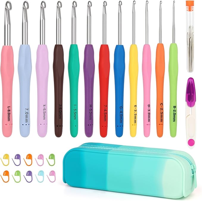 Coopay Crochet Hooks Set with Case, 12 Size Ergonomic Crochet Needles for Beginner Adult Arthritic Hands, 2mm(B)-8mm(L) Extra Long Knitting Hook for Crocheting Yarn- Great DIY Craft Christmas Gift