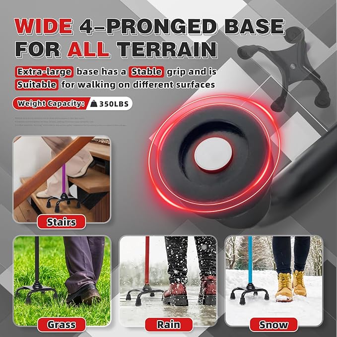 BigAlex Quad Cane, Foldable Adjustable Walking Cane for Men & Women with Stable 4-Pronged Base for Extra Stability & Balance, Heavy Duty, Lightweight, Soft Offset Handle Stick for Seniors & Elderly