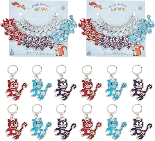 NBEADS 24 Pcs Cat Stitch Markers, 3 Colors Alloy Enamel Crochet Stitch Marker Charms Locking Stitch Marker with 304 Stainless Steel Clasp for Crochet Accessories Quilting Jewelry Making