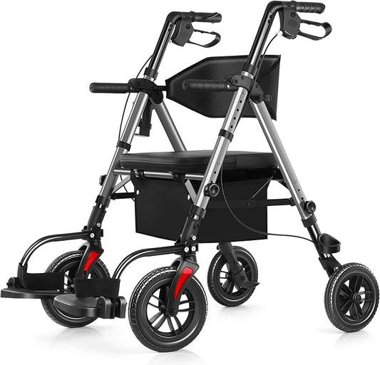 Walkers for Seniors, 2 in 1 Rollator Wheelchairs Combo 10" Big Wheels Walker with Seat, Rollator Transport Chair with Brakes Folding Rolling Walker for Adults, Grey