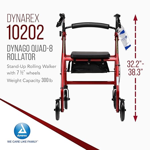 Dynarex DynaGo Quad 8 Rollator - Portable, Stand-Up Rolling Walker - 7.5” Wheels, Ideal for Narrow Spaces, Easy to Maneuver & 300 lb. Weight Capacity, Red Frame, 1 Rollator